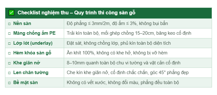 Bảng nghiệm thu quy trình thi công sàn gỗ