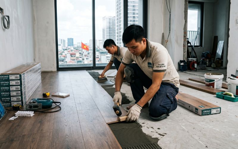 Nhân công đang thi công sàn gỗ tại chung cư Hà Nội