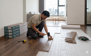 nhân viên thi công sàn gỗ cho nhà ở
