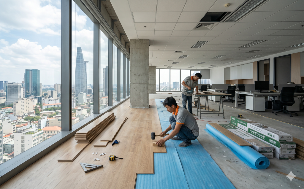 nhân viên thi công sàn gỗ tại văn phòng