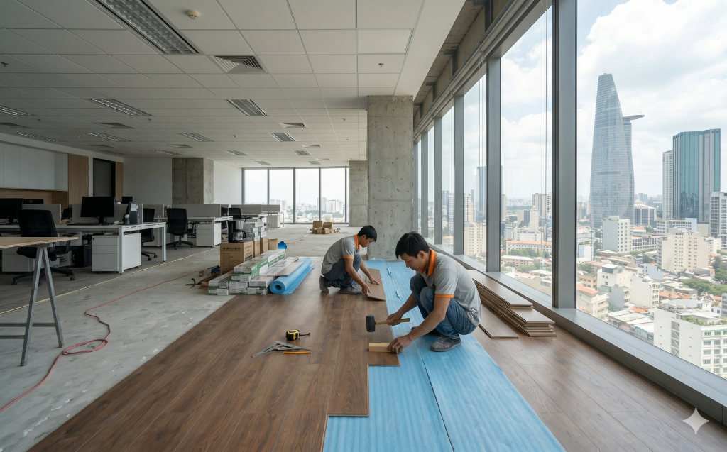 nhân viên thi công sàn gỗ tại văn phòng